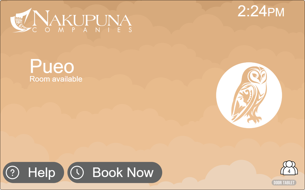 Pueo room display on a sandy cloud background with an owl icon, showing the room as available