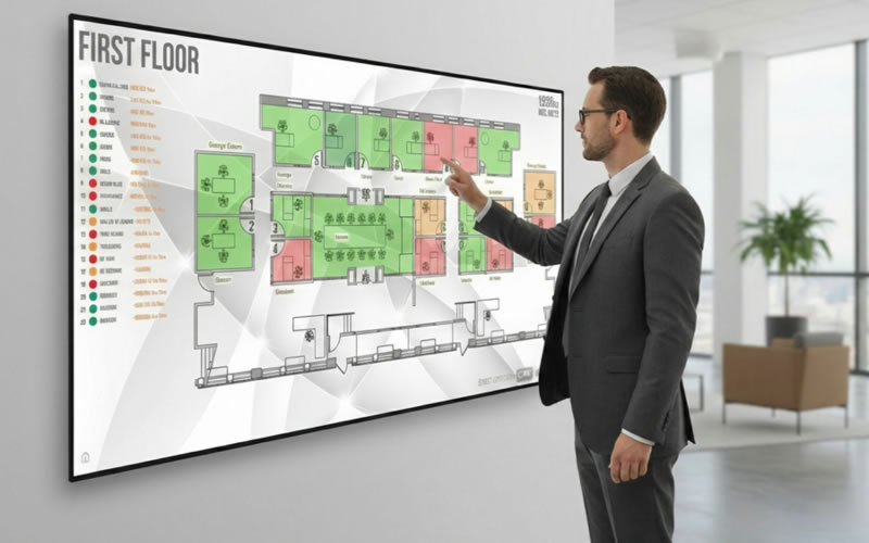A person using a large interactive wayfinding display showing a colour-coded first floor plan
