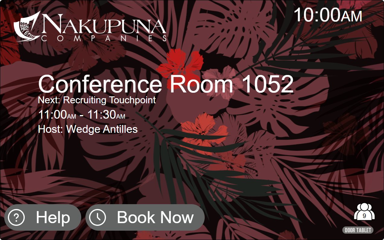 Conference Room 1052 display on a dark red tropical foliage background, showing the next booking with a Book Now button