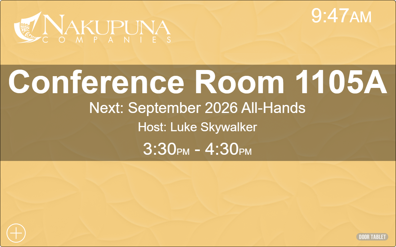 Conference Room 1105A executive room display on a gold background, showing the next booking with no Book Now button