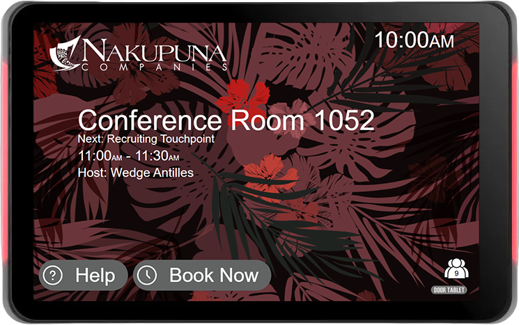 The Duke Kahanamoku room display in use, red status lighting, showing a Recruiting Touchpoint booking