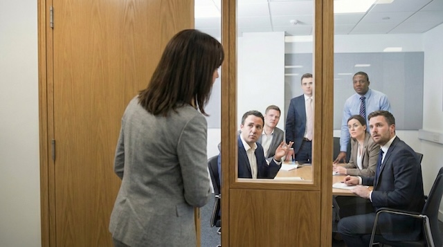Source: Gemini. Woman knoccking on meeting room door