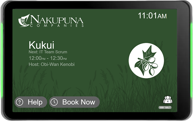 The Kukui room display available, green status lighting, showing the next booking