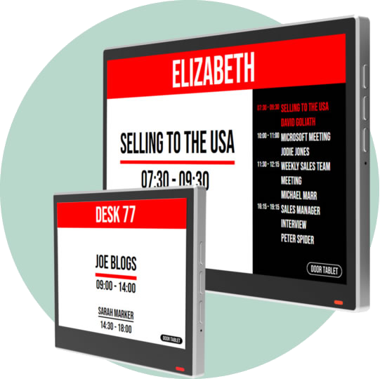 Door Tablet ePaper displays in 7.5-inch and 4-inch formats showing room and desk information
