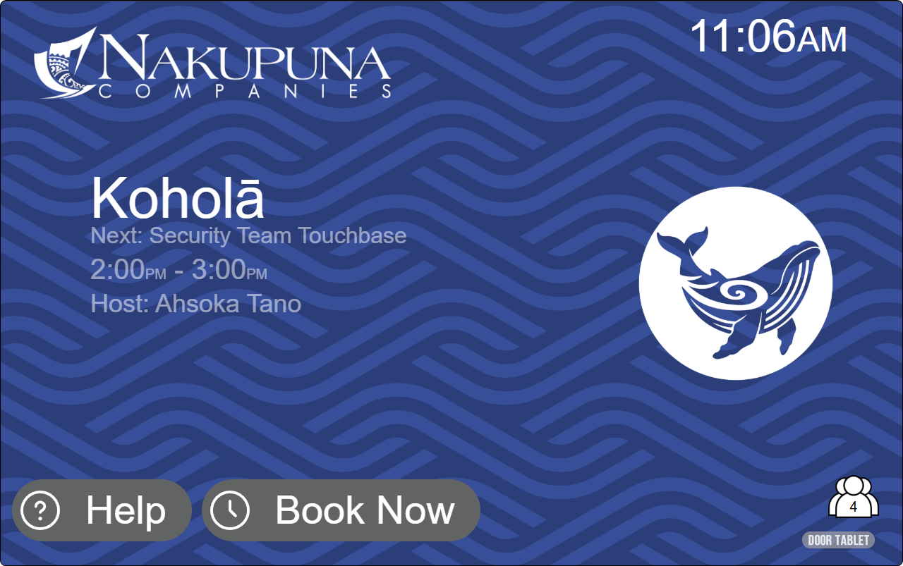 Koholā room display on a blue wave-pattern background with a humpback whale icon, showing the next booking