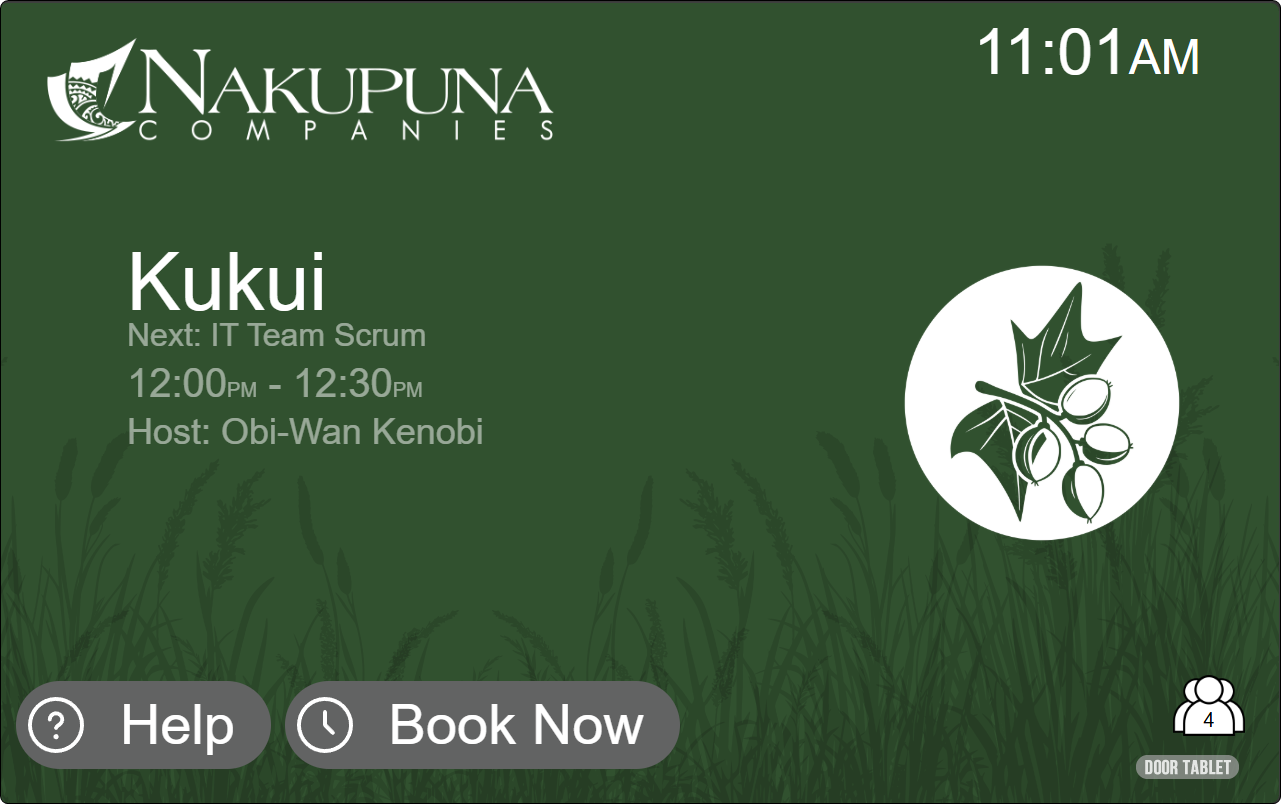 Kukui room display on a green grassland background with a kukui leaf and nut icon, showing the next booking