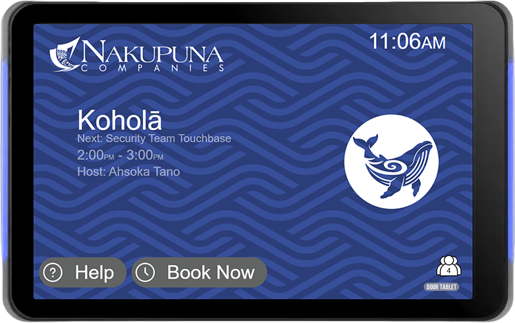 The Kohola room display showing a Security Team Touchbase booking on a blue wave background