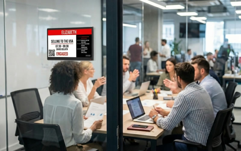 A Door Tablet ePaper display outside a busy meeting room showing an engaged status