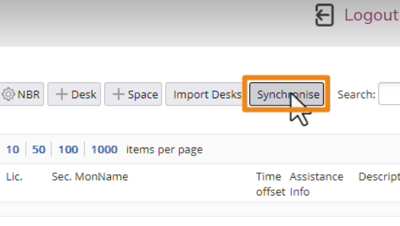 Synchronise button highlighted in the Door Tablet administration interface