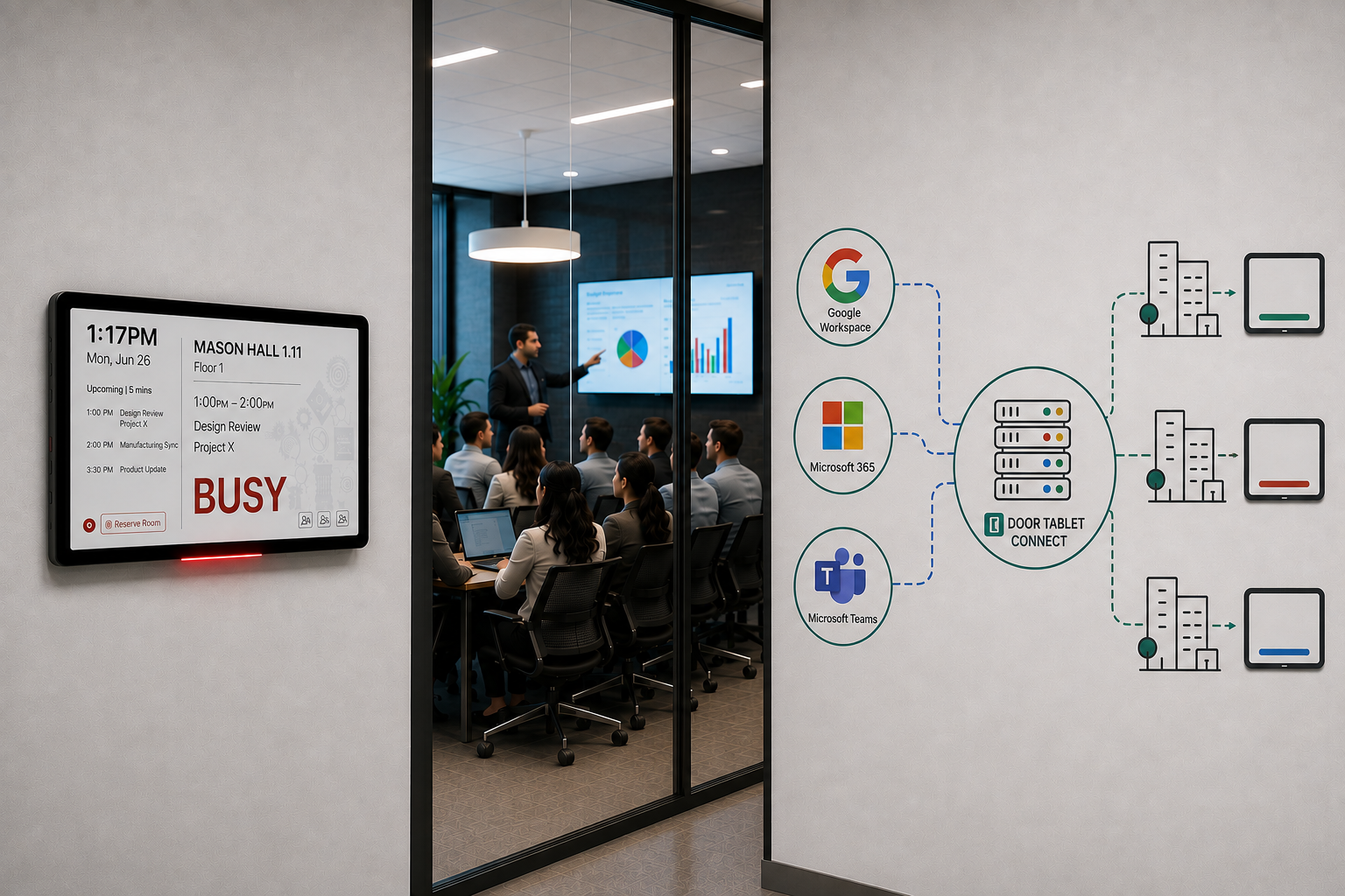 A Door Tablet meeting room display beside a busy meeting room, with a diagram showing Google Workspace, Microsoft 365 and Microsoft Teams feeding Door Tablet CONNECT out to displays in multiple buildings