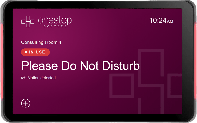 A Door Tablet room display with red status lighting, showing Consulting Room 4 in use with the message Please Do Not Disturb and Motion detected
