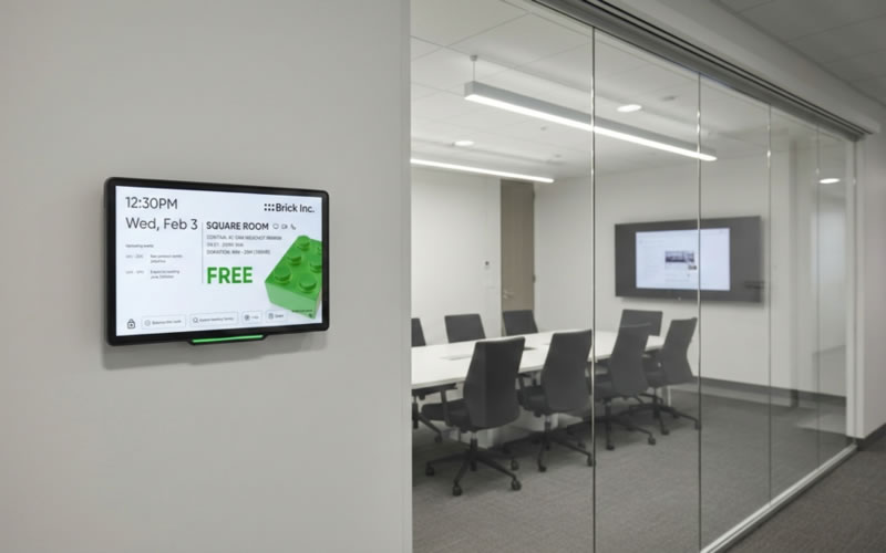 A Door Tablet display mounted beside a glass-walled meeting room, showing the room as free