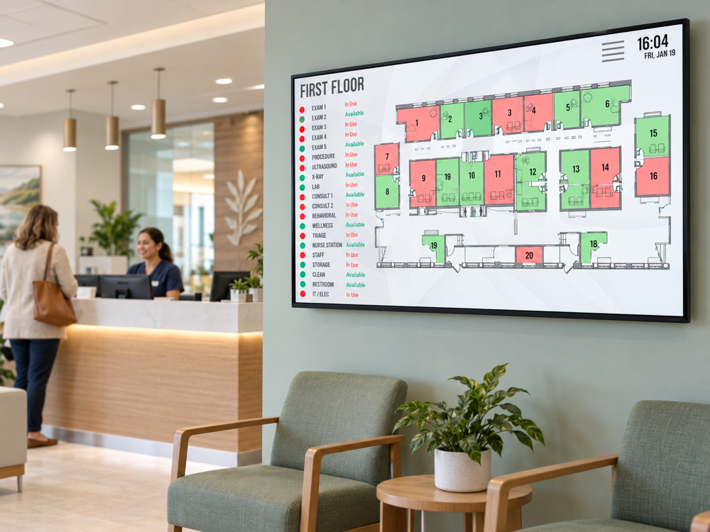 Door Tablet room availability floor plan displayed in a modern medical clinic reception