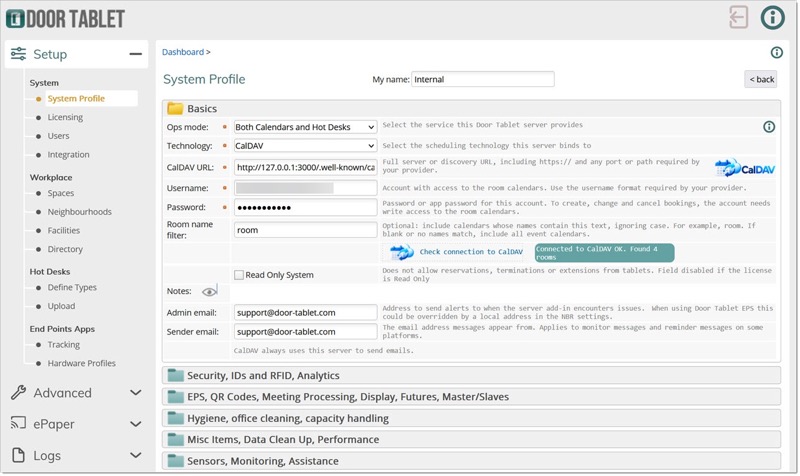 Door Tablet System Profile showing CalDAV URL, username, password, room name filter and successful connection check