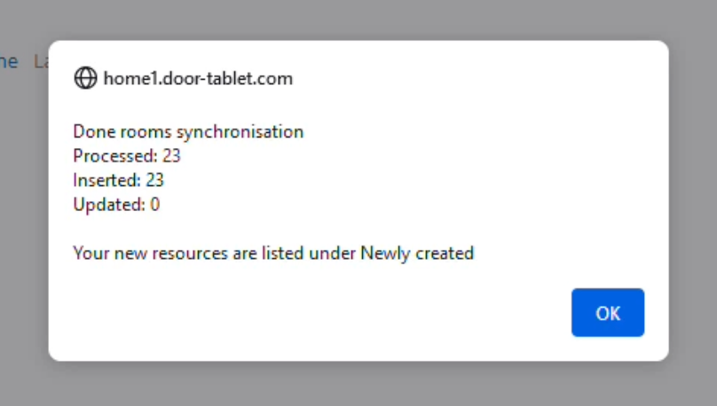 Door Tablet confirmation showing successful synchronisation of 23 Google Workspace room resources
