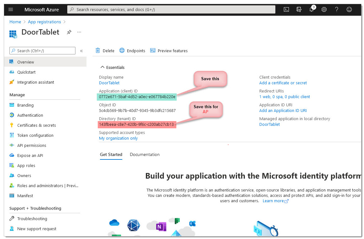 After this, you should see an application (client) id on the dashboard.