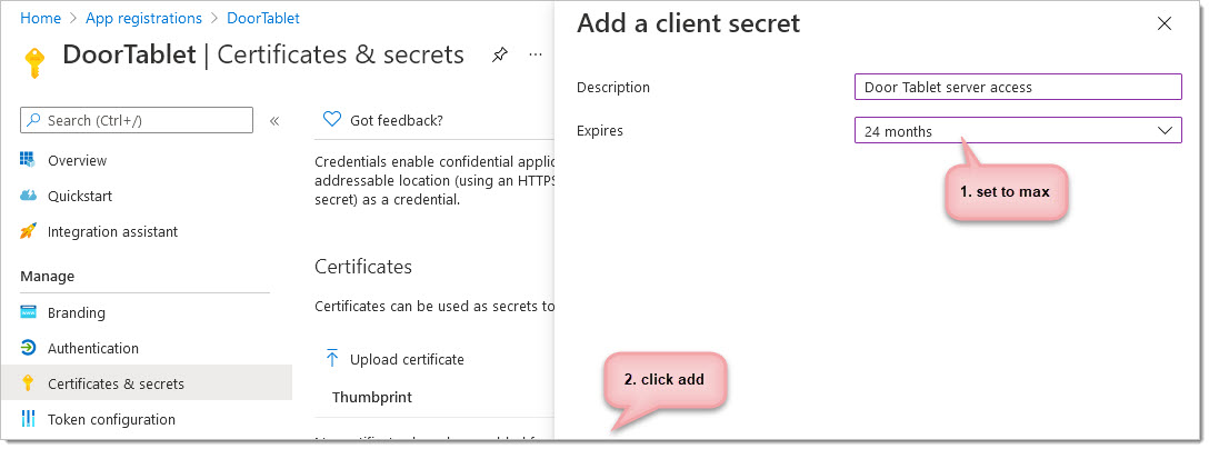 From here you can add a new client secret and set the expiration date (if you wish). Make a note of the expiration and set yourself a reminder to extend it.