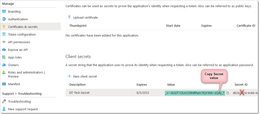 Now copy your newly created Secret Value. This will be needed in the Door Tablet system profile. Do NOT use the Secret ID