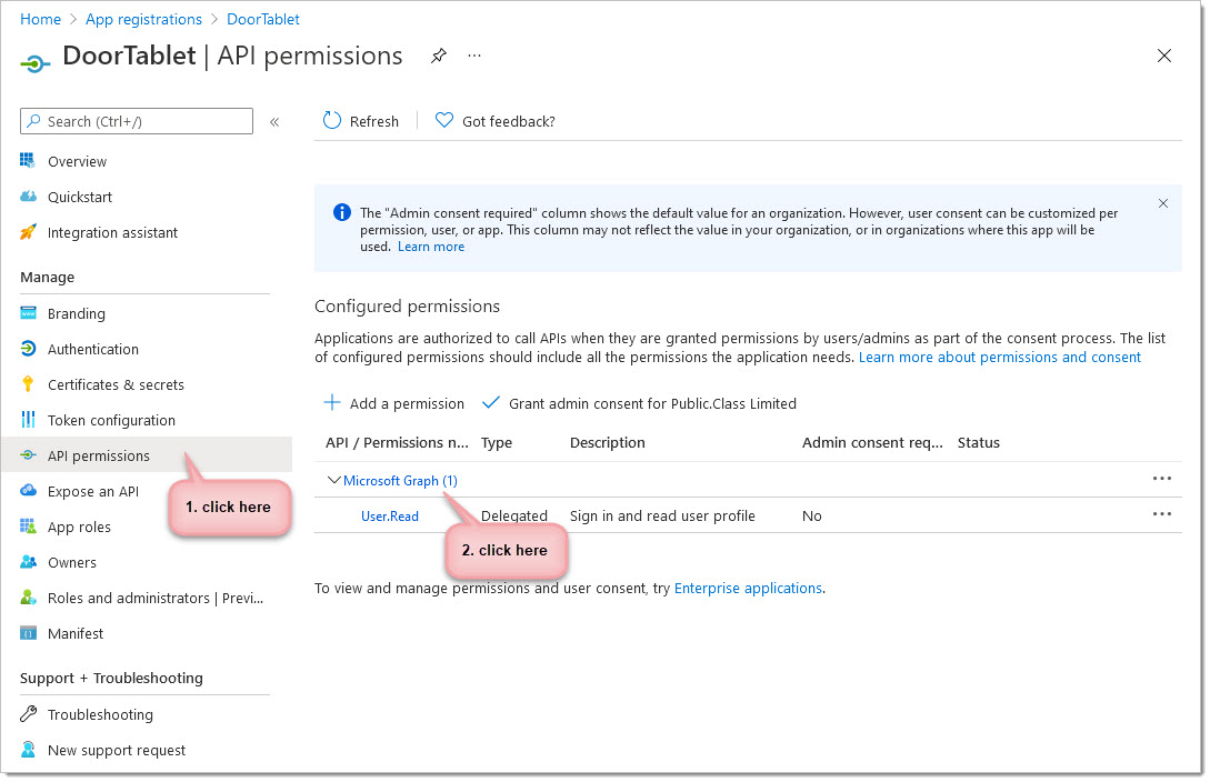 To do this, click on the "API permissions" option found on the dashboard: