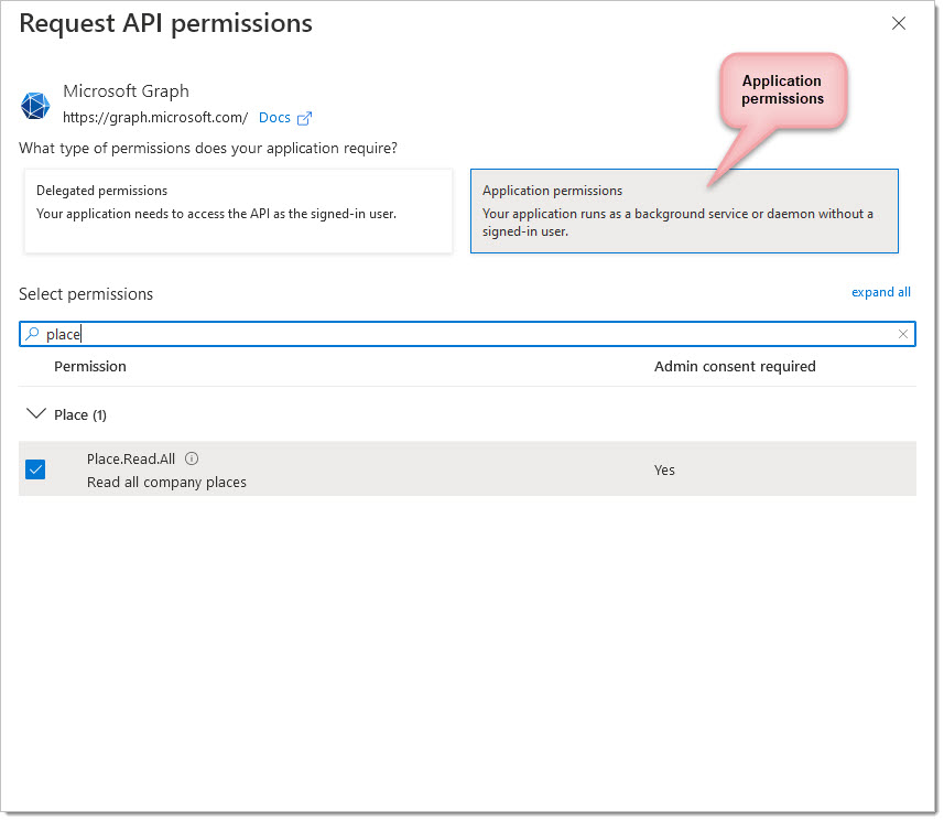 For Application Permissions you will need to add scopes in a similar manner but always select Application permissions, as follows: