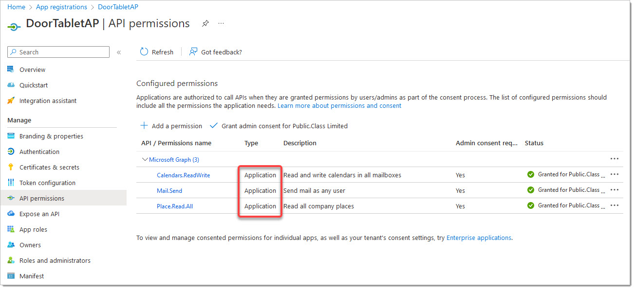 For Application Permissions the result is very similar: