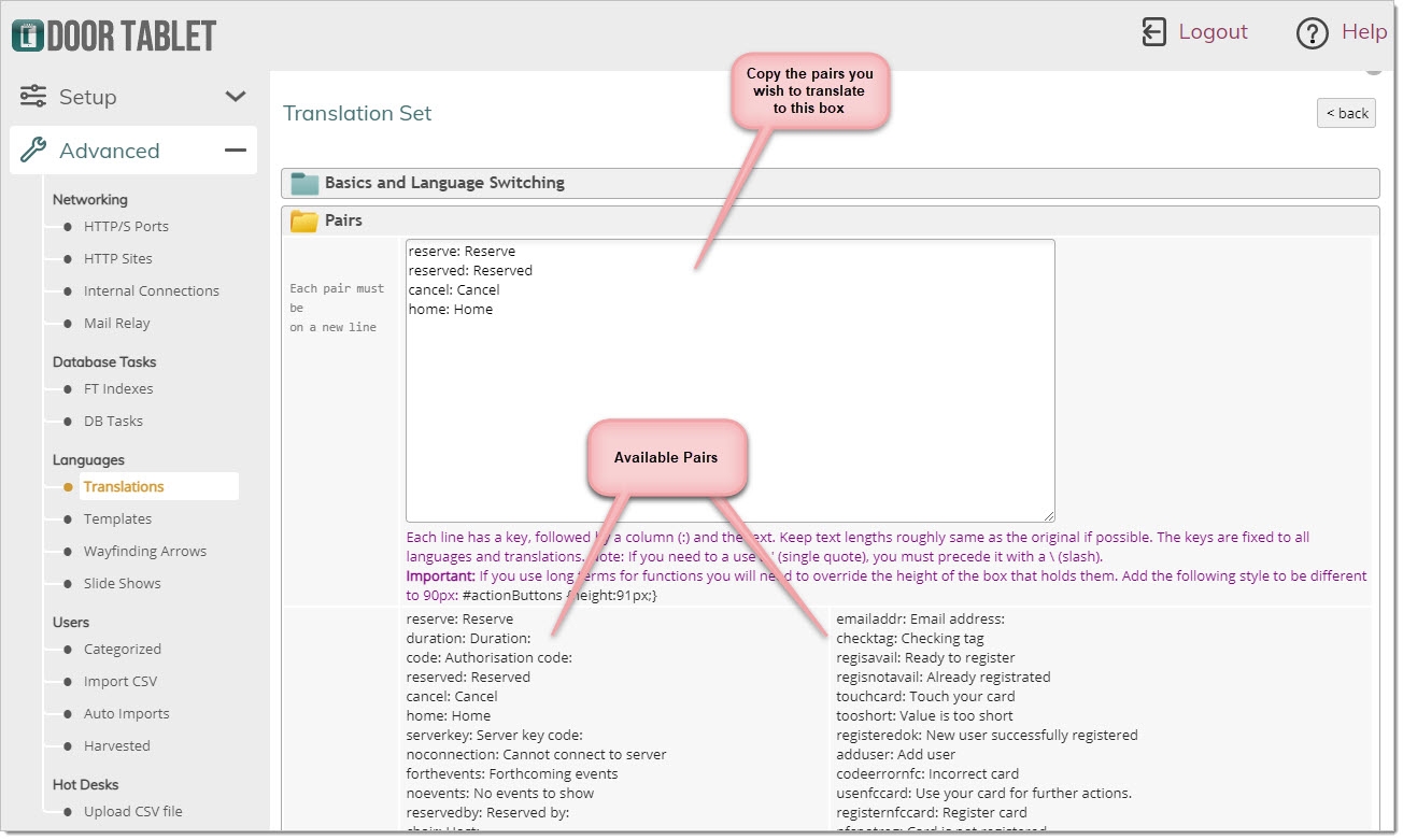 Copy the pairs that you want to translate into the edit box. Translate the terms on the right side of each pair. The left side of each pair and the colon