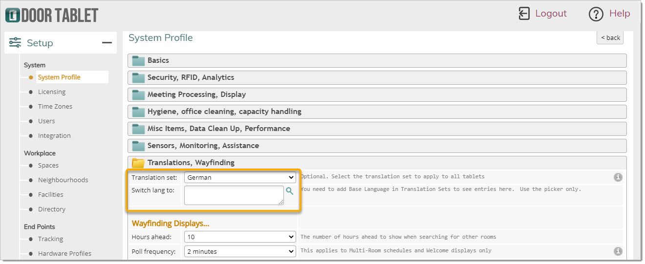 Select set using the Web UI, in the system profile. Look for the heading "Translations, Wayfinding".