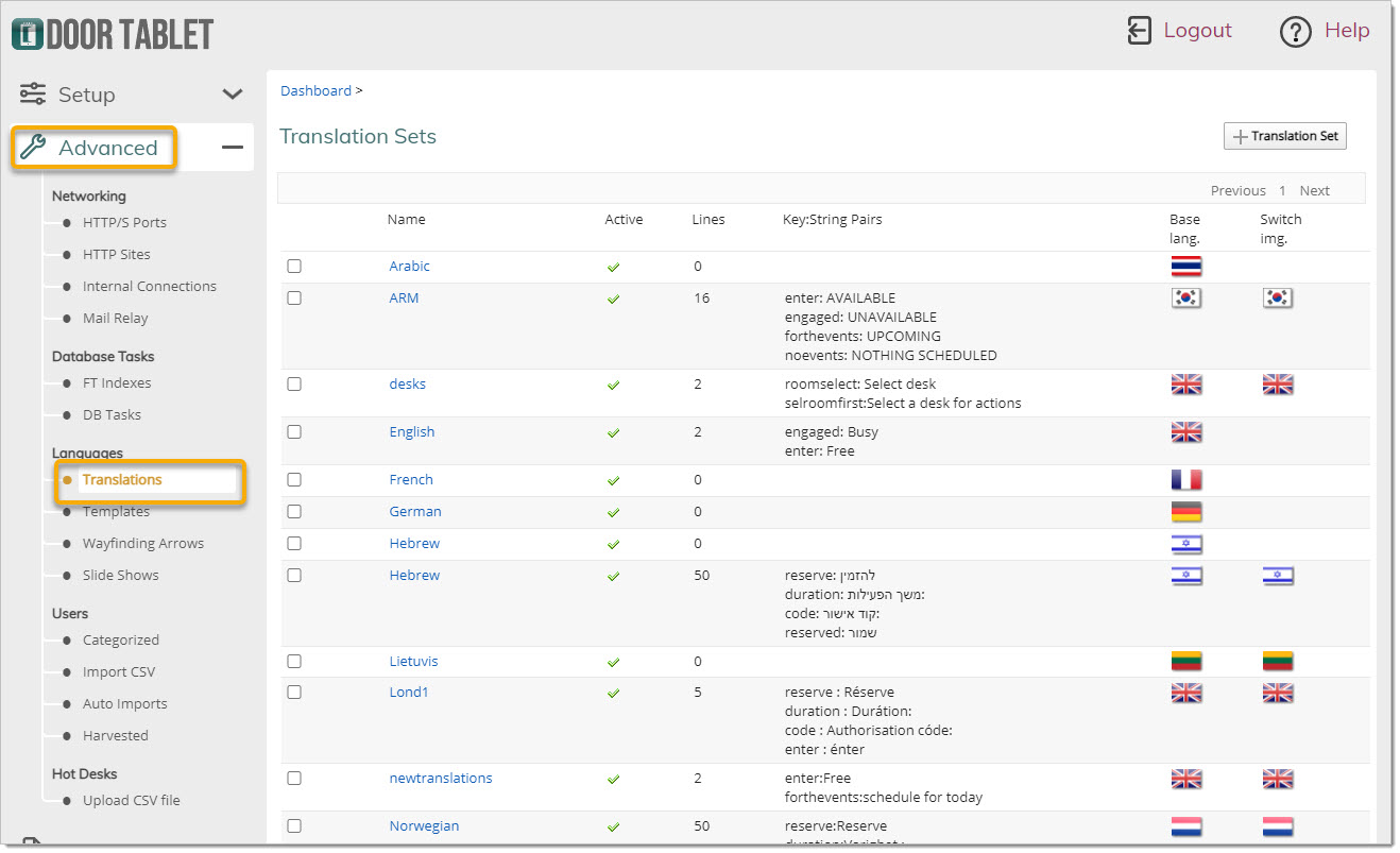 Access Translations in the Door Tablet Web UI:
