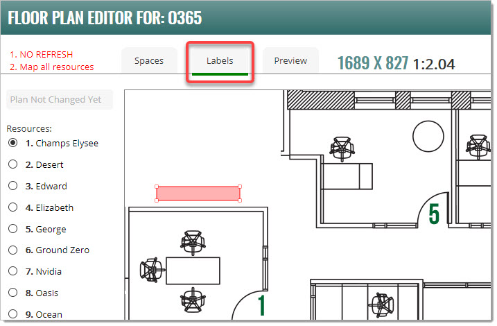To design the location of the labels use the Plan Editor: