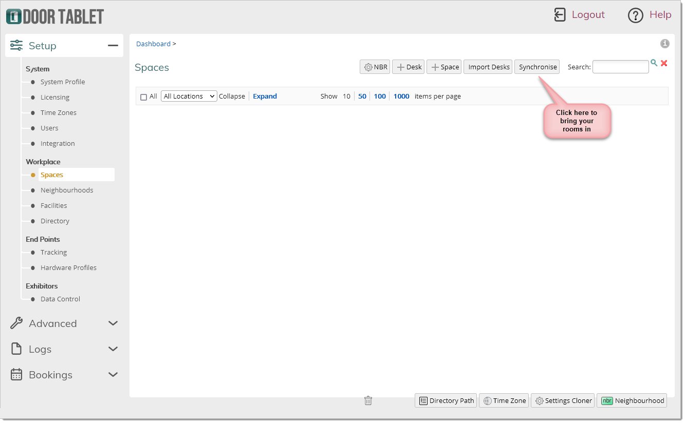 Door Tablet Spaces page showing the Synchronise button used to import rooms from the scheduling platform.