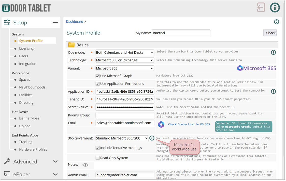 Door Tablet connection with MS 365 International
