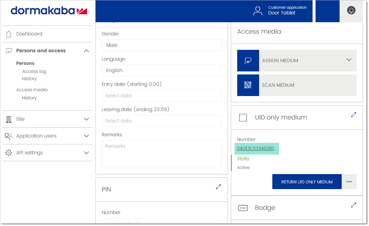 Your are now ready to test the ID Source within Door Tablet. Copy a card UID and try the test as show above. In Exivo, open a person record and obtain the UID.