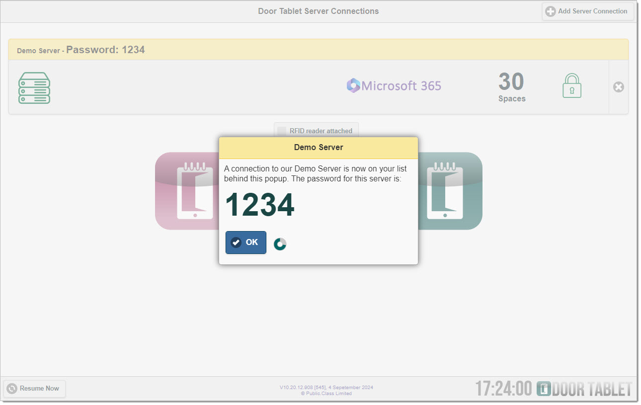 Door Tablet app screen for adding a Demo Server connection