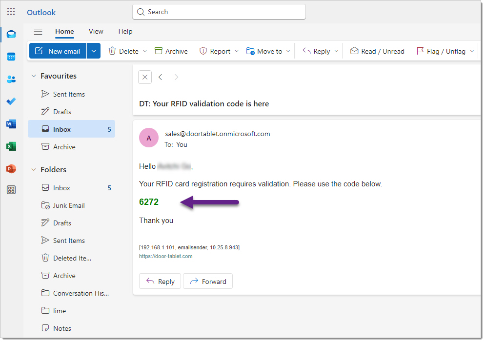 Sample email sent with the validation code: