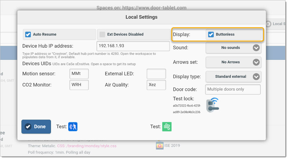 Note that the above "Local Settings" popup may look different on some platforms. For example, on the Crestron device it will show as follows: