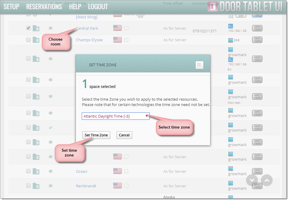 Door Tablet UI Set Time Zone dialog showing how to select and apply a time zone to one or more rooms.