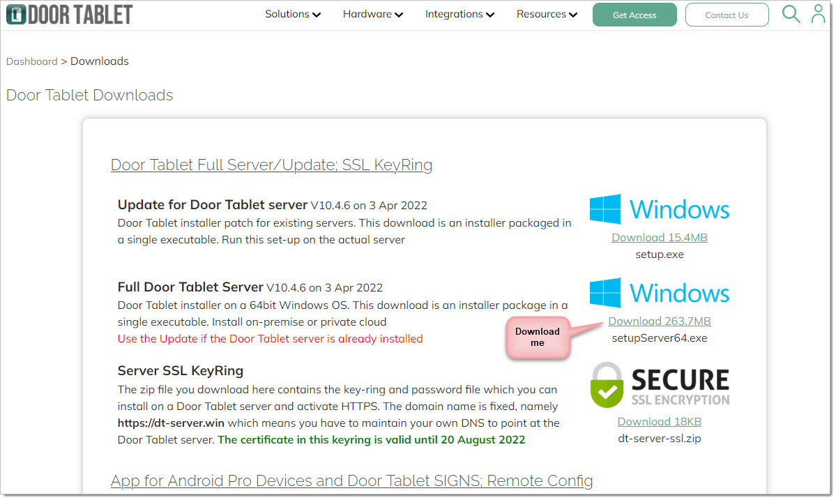 Door Tablet Downloads page for installing the full server and server updates