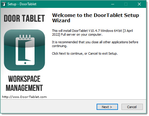 Door Tablet Setup Wizard for installing the Door Tablet server on Windows