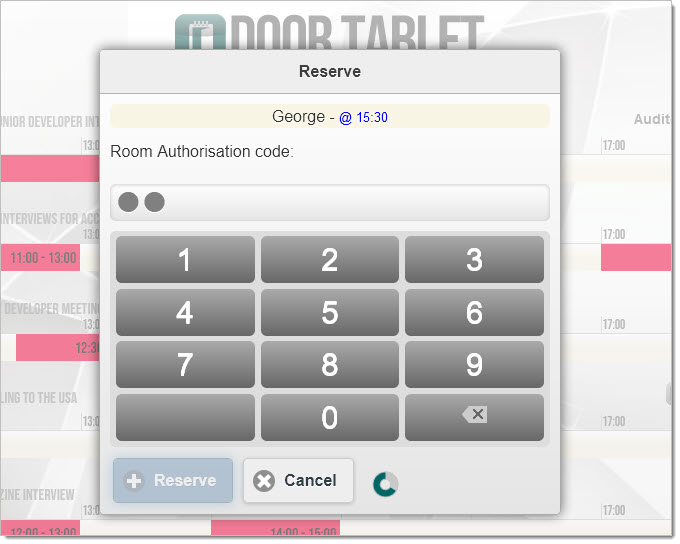 A room that has Authorization Codes will require that you touch the code in order to reserve or check-in.