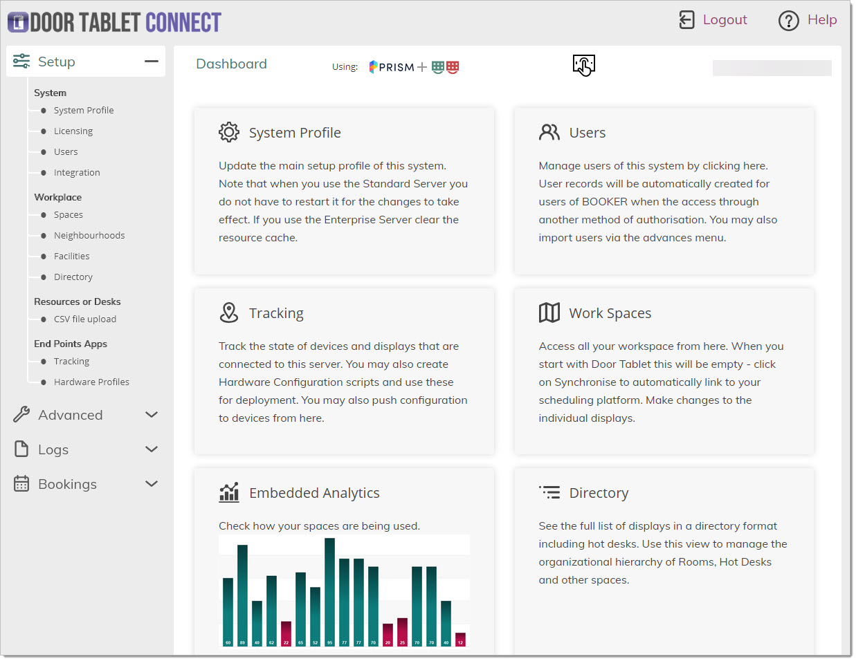 Door Tablet CONNECT dashboard for managing users, workspaces, and system settings