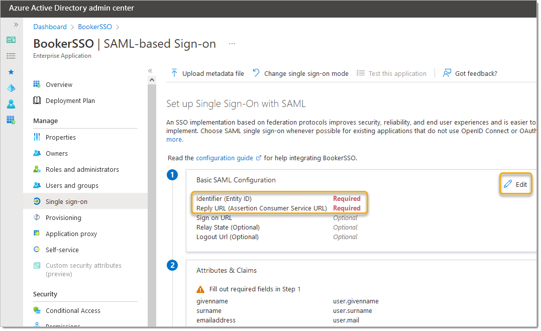 In the SAML configuration, edit step 1 to add the two items: