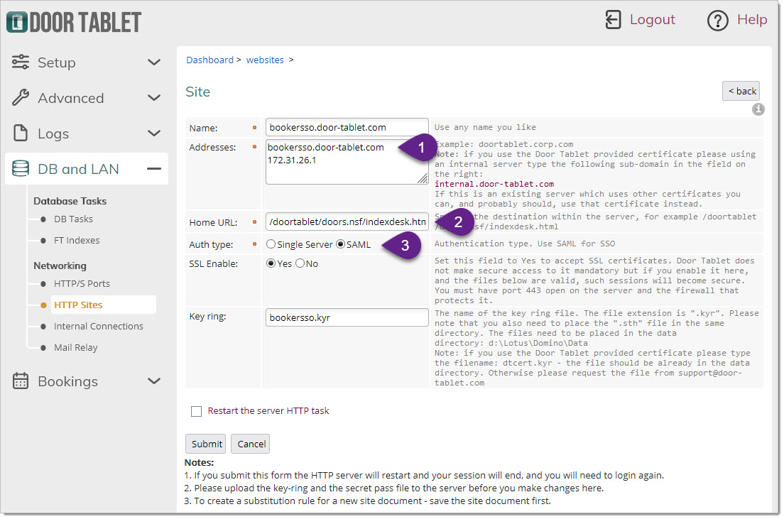 Then fill the form. Remember to select SAML for the authentication type.