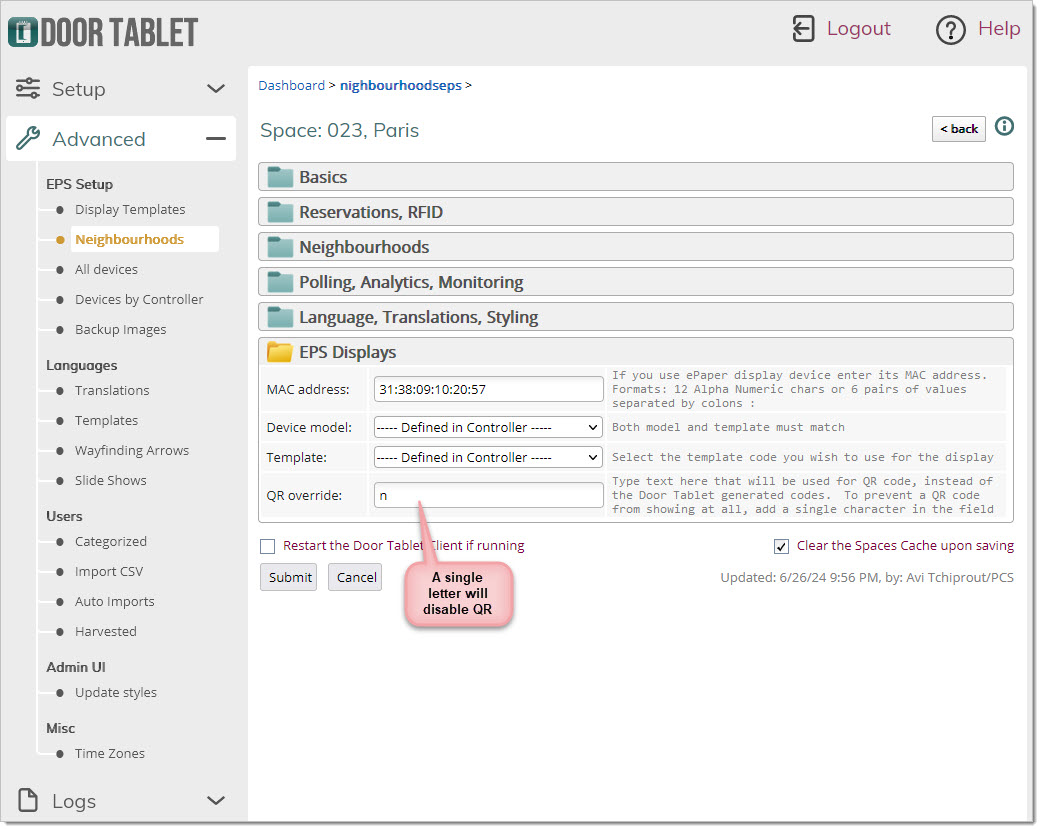 When you add your own QR code, or add a single letter to disable QR code for a specific device: