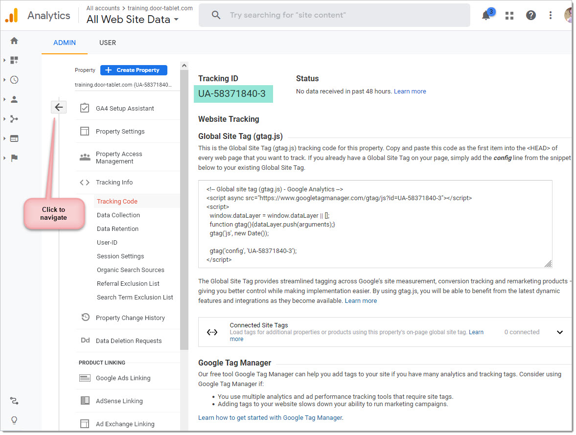 Once you click on Create, Tracking ID will become available. Then, click on the back arrow to Navigate...