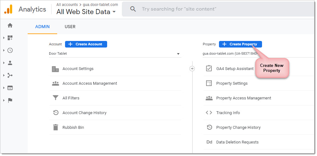Open your Google Analytics account, and create a new property, as follows: