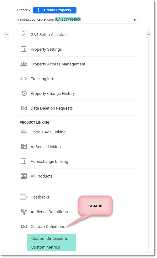 You will now need to define Custom Dimensions and Metrics. To access these click on "Custom Definitions":