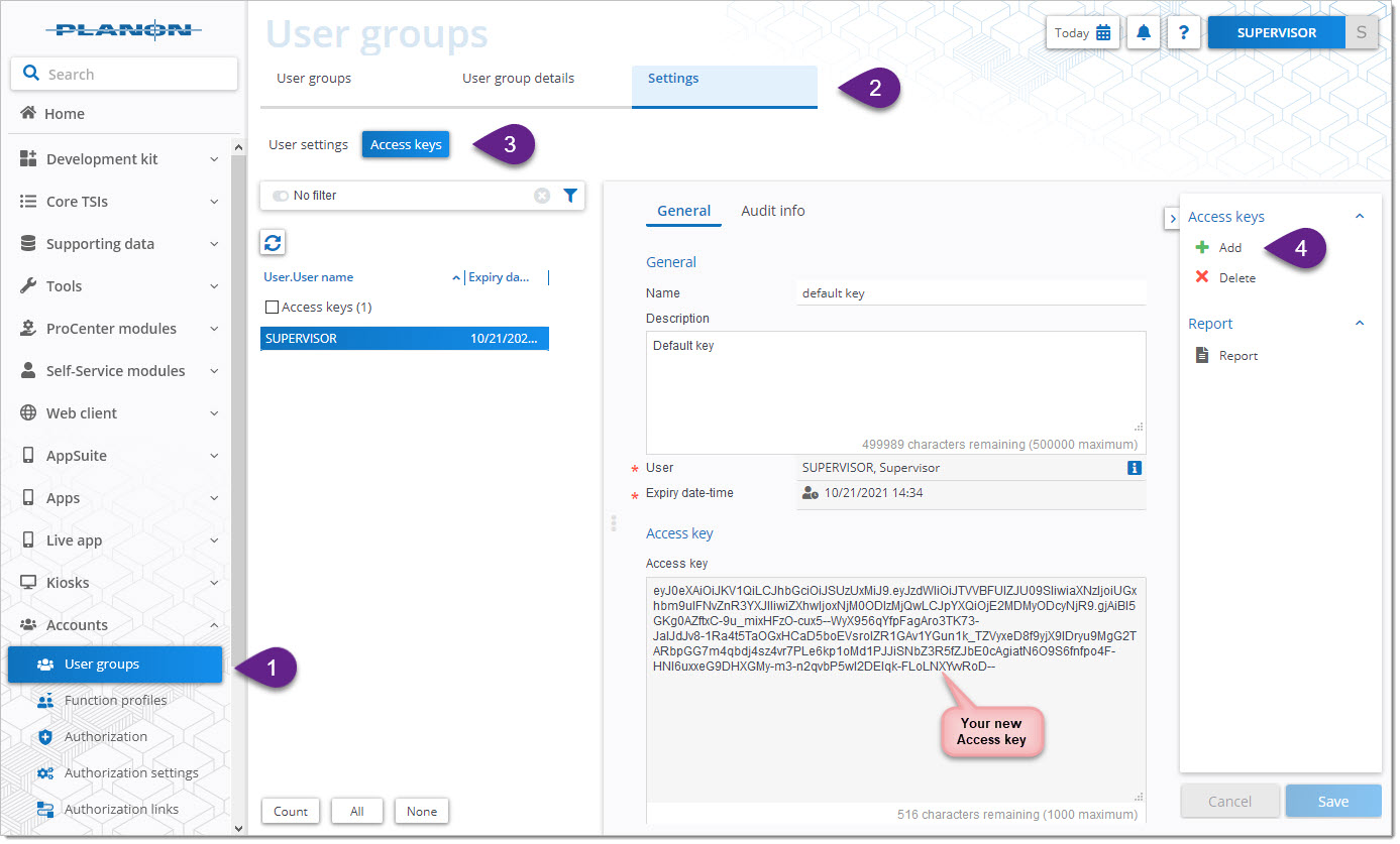 Login as a supervisor to Planon, then ‘User Groups’ ‘User group details / Users’ ‘Settings / Access keys’.