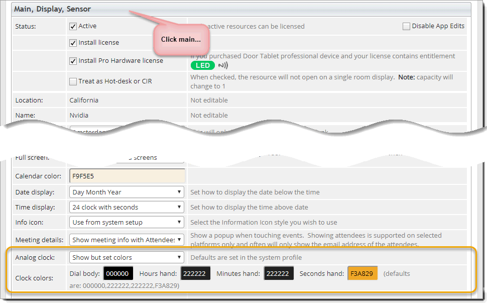 For individual rooms, go to "Main, Display, Sensor" to set the clock to show on the display: