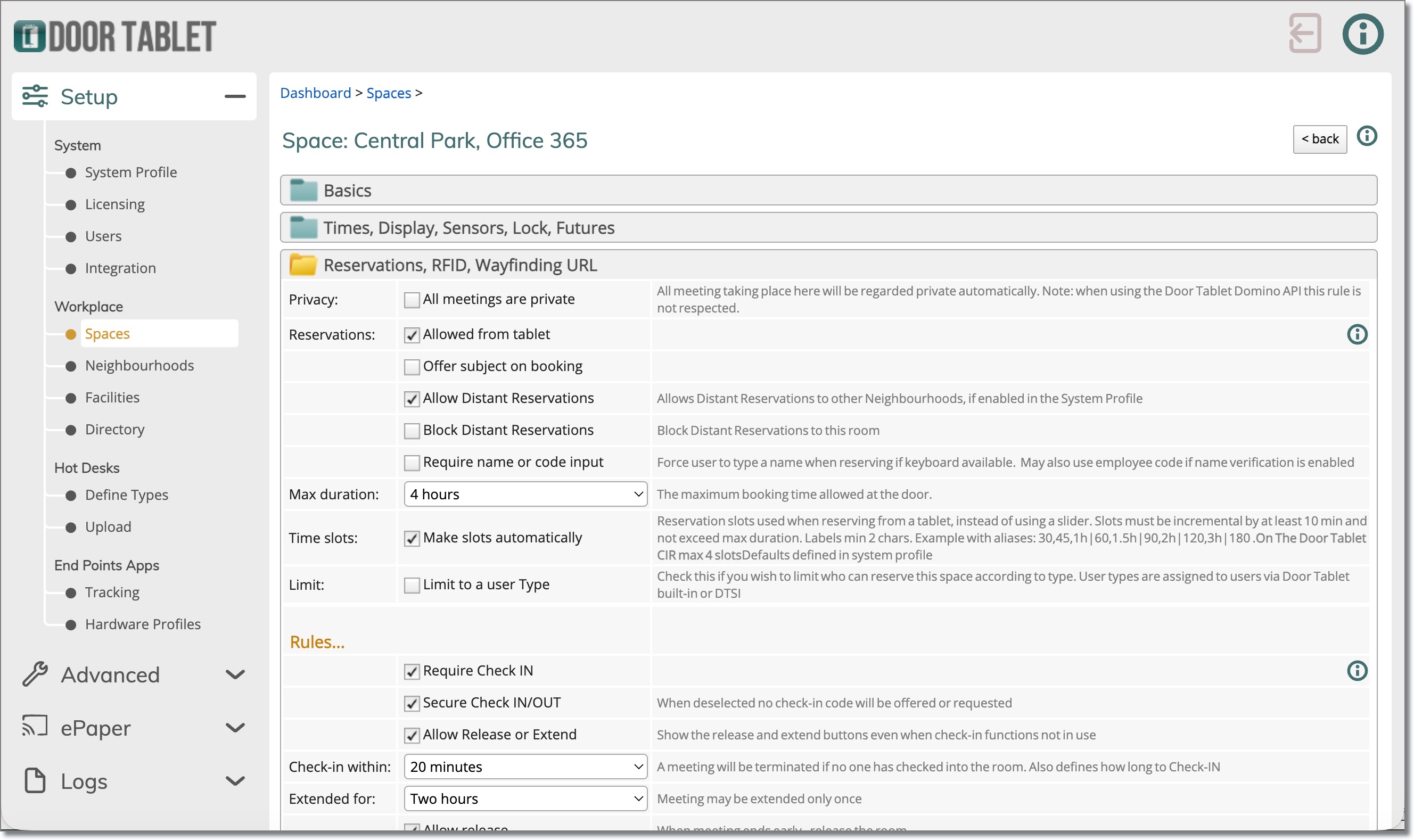 Reservations section of the space record to set the rules for that space in the Door Tablet Web UI