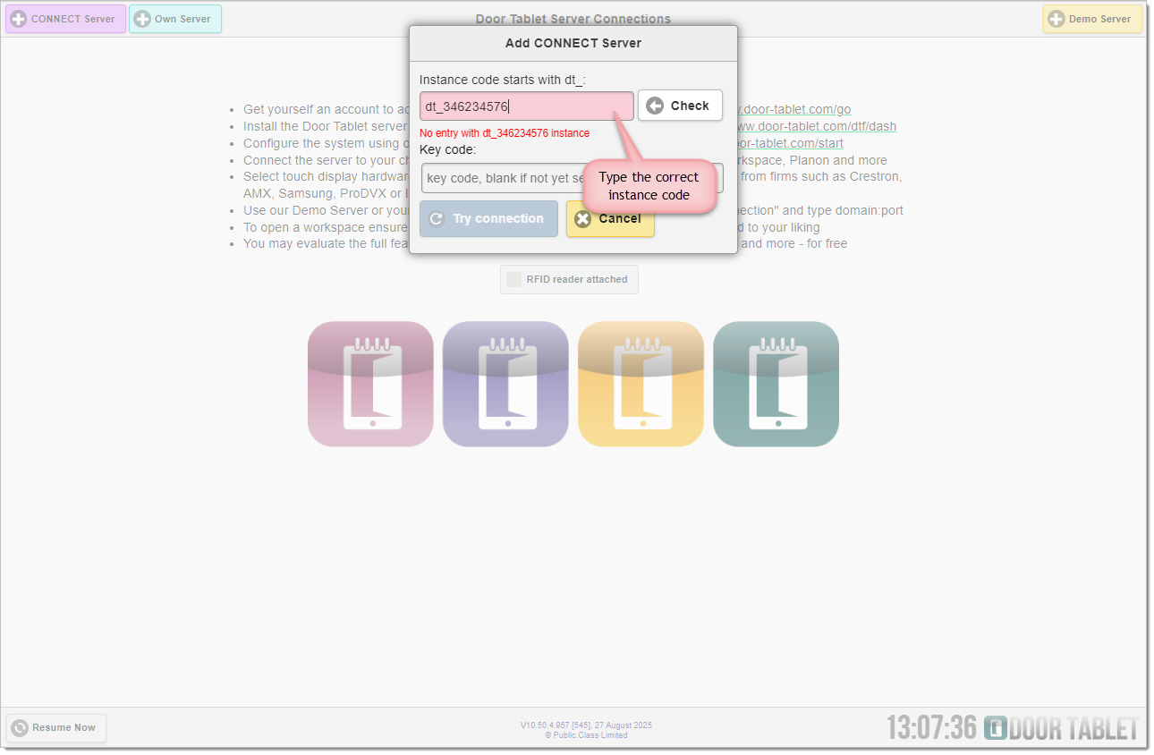 Door Tablet CONNECT connection settings with instance code and key code